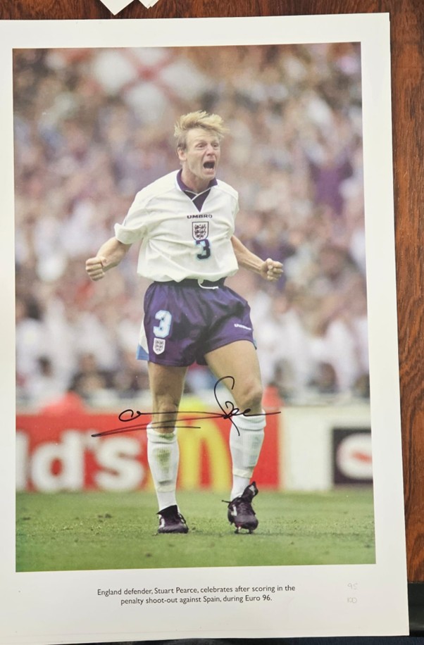 England defender Stuart Pearce celebrates after scoring in the penalty shoot out against Spain during Euro 96. 2